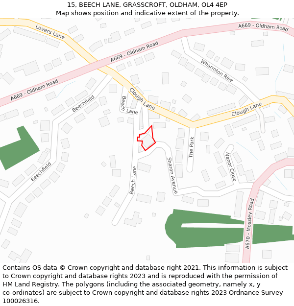 15, BEECH LANE, GRASSCROFT, OLDHAM, OL4 4EP: Location map and indicative extent of plot