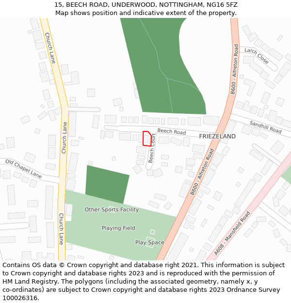 15, BEECH ROAD, UNDERWOOD, NOTTINGHAM, NG16 5FZ: Location map and indicative extent of plot