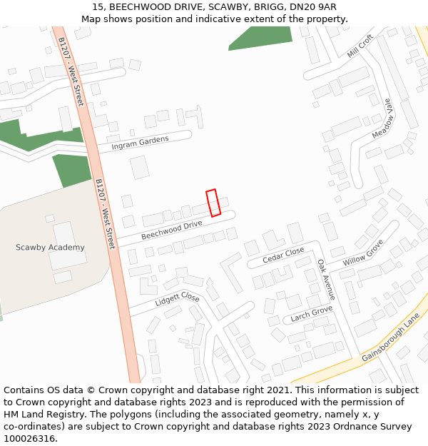 15, BEECHWOOD DRIVE, SCAWBY, BRIGG, DN20 9AR: Location map and indicative extent of plot