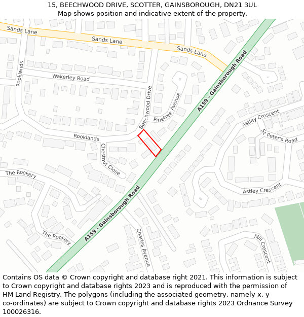 15, BEECHWOOD DRIVE, SCOTTER, GAINSBOROUGH, DN21 3UL: Location map and indicative extent of plot