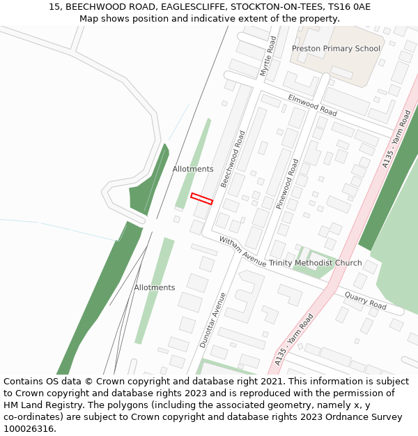 15, BEECHWOOD ROAD, EAGLESCLIFFE, STOCKTON-ON-TEES, TS16 0AE: Location map and indicative extent of plot