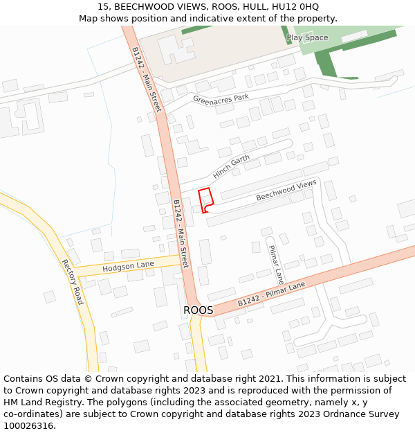 15, BEECHWOOD VIEWS, ROOS, HULL, HU12 0HQ: Location map and indicative extent of plot