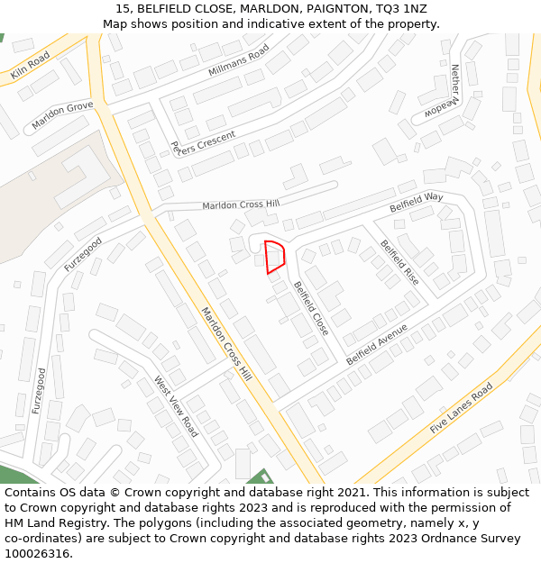 15, BELFIELD CLOSE, MARLDON, PAIGNTON, TQ3 1NZ: Location map and indicative extent of plot