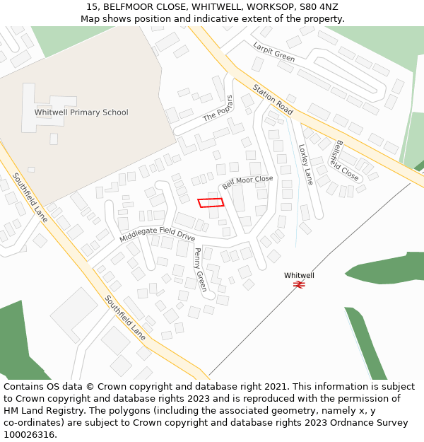 15, BELFMOOR CLOSE, WHITWELL, WORKSOP, S80 4NZ: Location map and indicative extent of plot