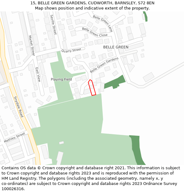 15, BELLE GREEN GARDENS, CUDWORTH, BARNSLEY, S72 8EN: Location map and indicative extent of plot