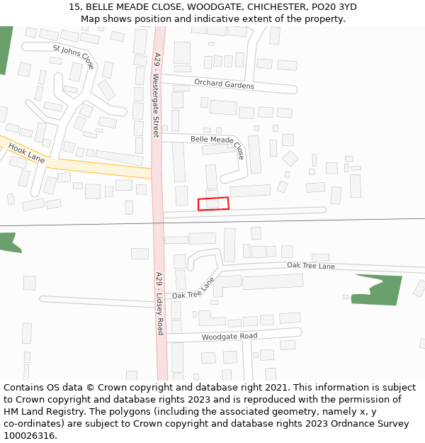 15, BELLE MEADE CLOSE, WOODGATE, CHICHESTER, PO20 3YD: Location map and indicative extent of plot