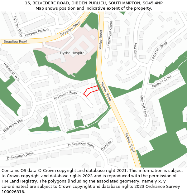 15, BELVEDERE ROAD, DIBDEN PURLIEU, SOUTHAMPTON, SO45 4NP: Location map and indicative extent of plot