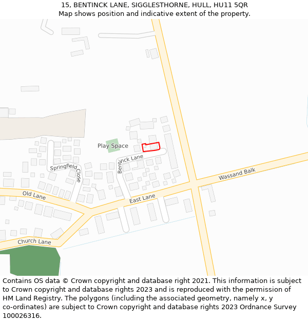 15, BENTINCK LANE, SIGGLESTHORNE, HULL, HU11 5QR: Location map and indicative extent of plot