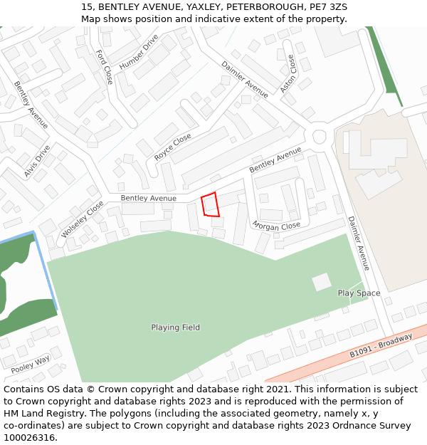 15, BENTLEY AVENUE, YAXLEY, PETERBOROUGH, PE7 3ZS: Location map and indicative extent of plot