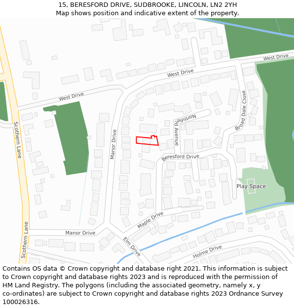 15, BERESFORD DRIVE, SUDBROOKE, LINCOLN, LN2 2YH: Location map and indicative extent of plot