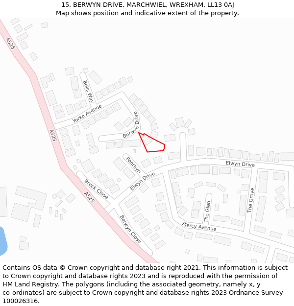 15, BERWYN DRIVE, MARCHWIEL, WREXHAM, LL13 0AJ: Location map and indicative extent of plot