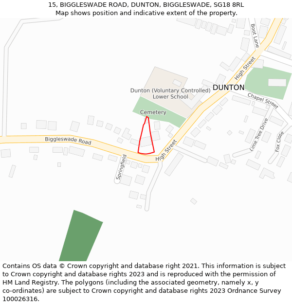 15, BIGGLESWADE ROAD, DUNTON, BIGGLESWADE, SG18 8RL: Location map and indicative extent of plot