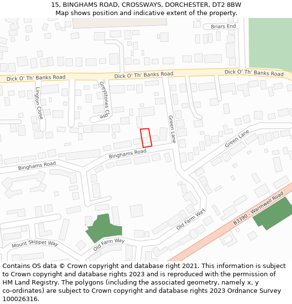 15, BINGHAMS ROAD, CROSSWAYS, DORCHESTER, DT2 8BW: Location map and indicative extent of plot