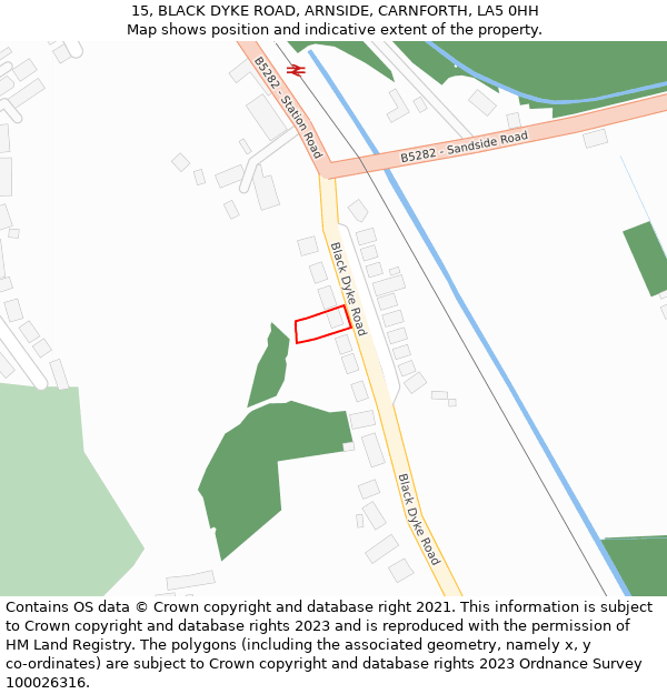 15, BLACK DYKE ROAD, ARNSIDE, CARNFORTH, LA5 0HH: Location map and indicative extent of plot