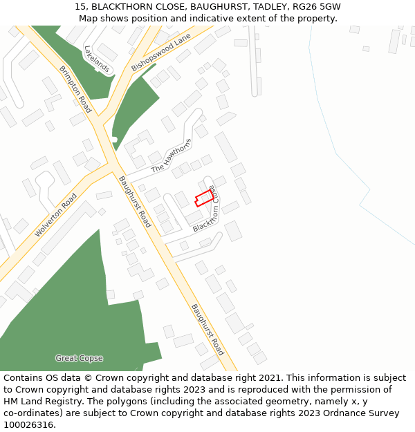 15, BLACKTHORN CLOSE, BAUGHURST, TADLEY, RG26 5GW: Location map and indicative extent of plot