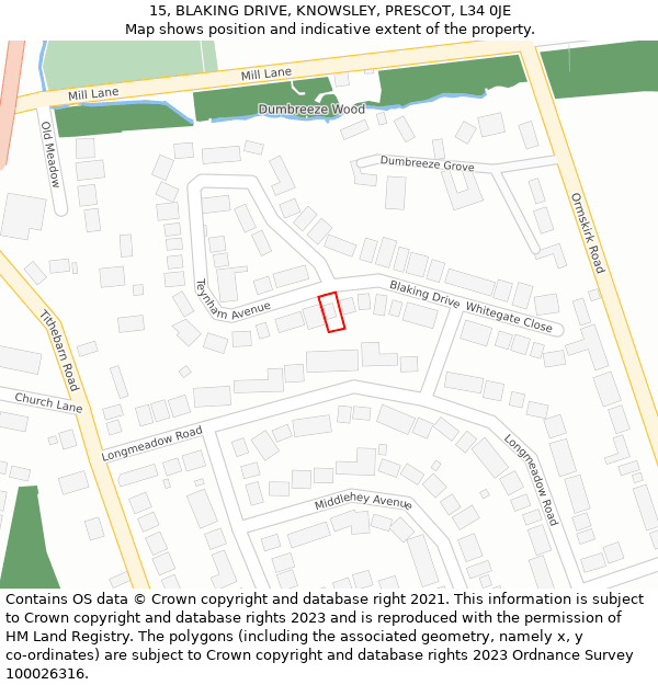 15, BLAKING DRIVE, KNOWSLEY, PRESCOT, L34 0JE: Location map and indicative extent of plot