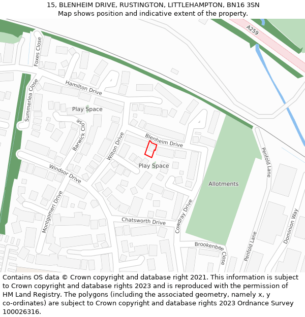 15, BLENHEIM DRIVE, RUSTINGTON, LITTLEHAMPTON, BN16 3SN: Location map and indicative extent of plot