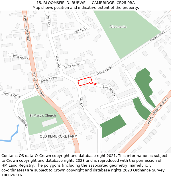 15, BLOOMSFIELD, BURWELL, CAMBRIDGE, CB25 0RA: Location map and indicative extent of plot