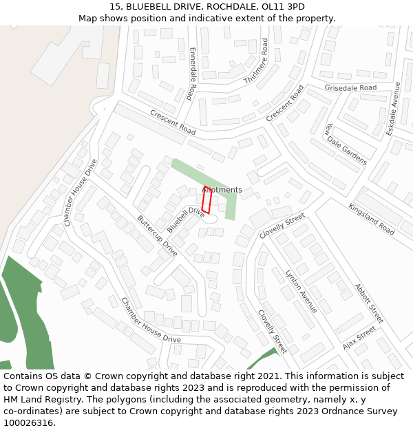 15, BLUEBELL DRIVE, ROCHDALE, OL11 3PD: Location map and indicative extent of plot