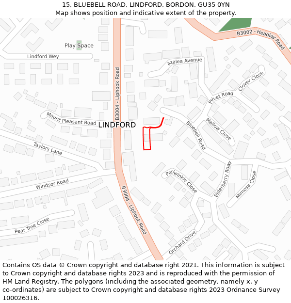 15, BLUEBELL ROAD, LINDFORD, BORDON, GU35 0YN: Location map and indicative extent of plot