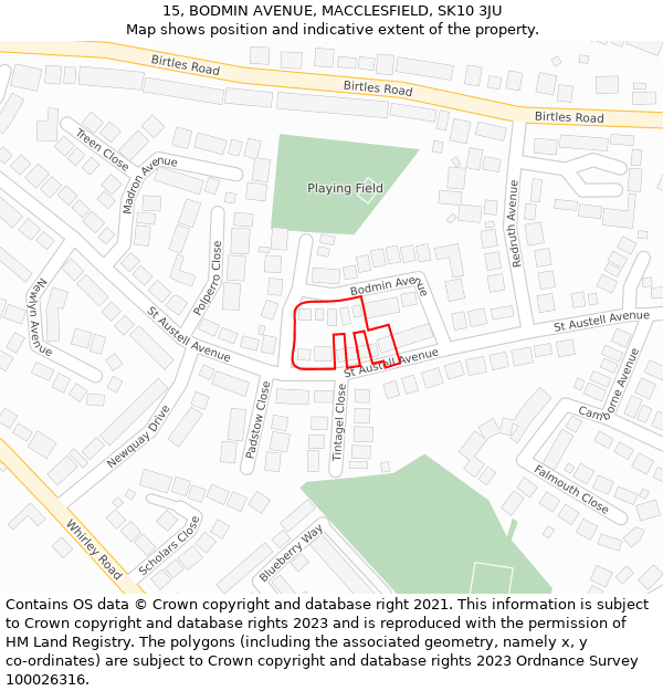 15, BODMIN AVENUE, MACCLESFIELD, SK10 3JU: Location map and indicative extent of plot