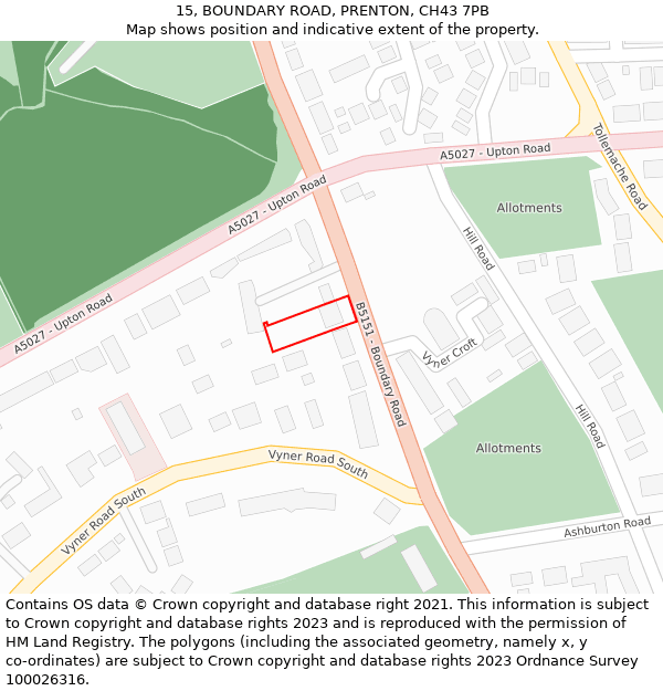 15, BOUNDARY ROAD, PRENTON, CH43 7PB: Location map and indicative extent of plot