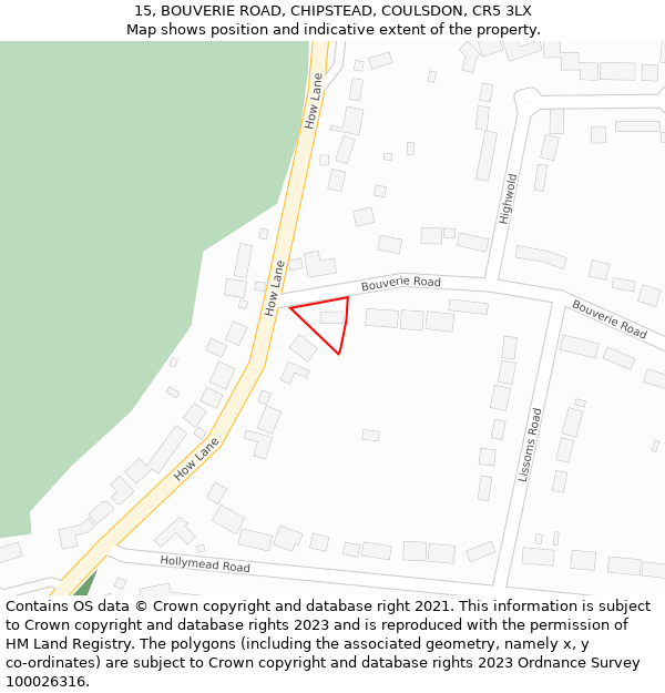 15, BOUVERIE ROAD, CHIPSTEAD, COULSDON, CR5 3LX: Location map and indicative extent of plot