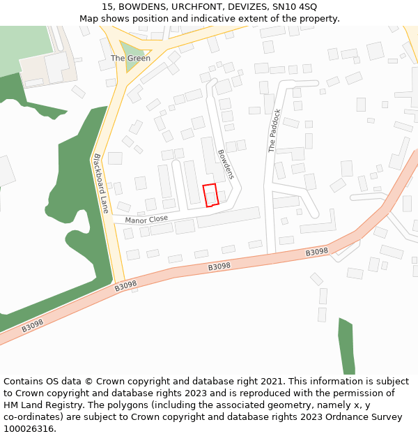 15, BOWDENS, URCHFONT, DEVIZES, SN10 4SQ: Location map and indicative extent of plot