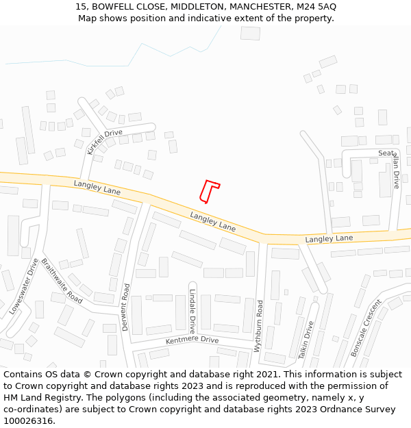 15, BOWFELL CLOSE, MIDDLETON, MANCHESTER, M24 5AQ: Location map and indicative extent of plot