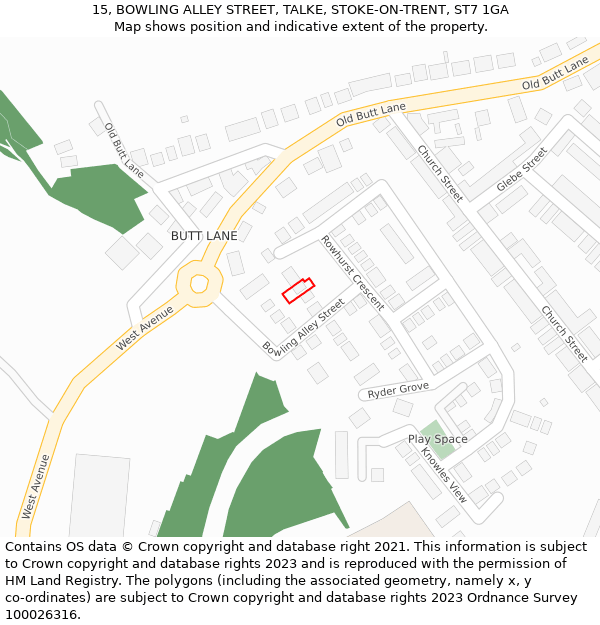 15, BOWLING ALLEY STREET, TALKE, STOKE-ON-TRENT, ST7 1GA: Location map and indicative extent of plot