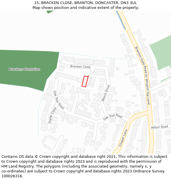 15, BRACKEN CLOSE, BRANTON, DONCASTER, DN3 3UL: Location map and indicative extent of plot
