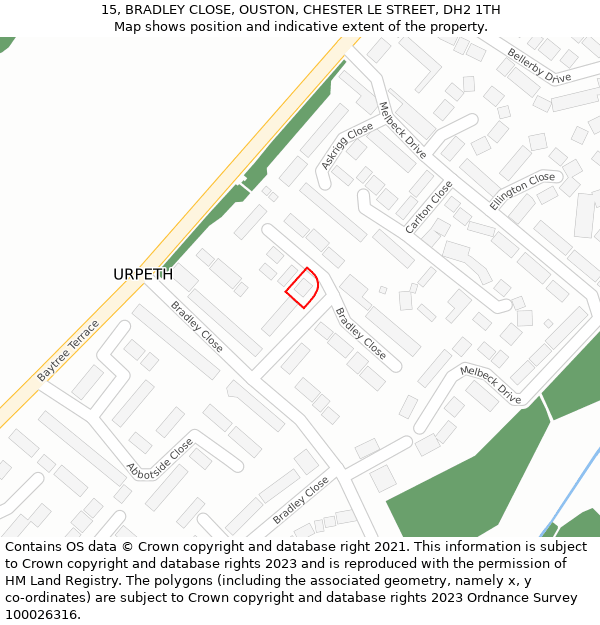 15, BRADLEY CLOSE, OUSTON, CHESTER LE STREET, DH2 1TH: Location map and indicative extent of plot