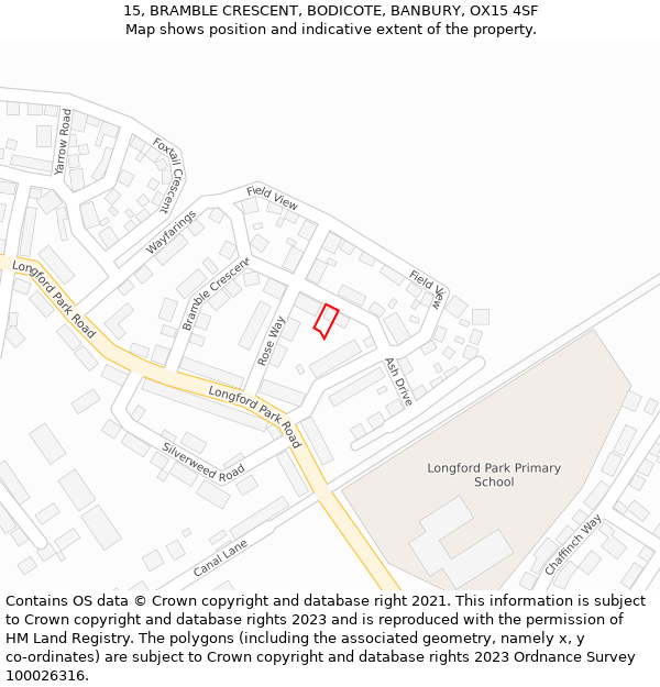 15, BRAMBLE CRESCENT, BODICOTE, BANBURY, OX15 4SF: Location map and indicative extent of plot