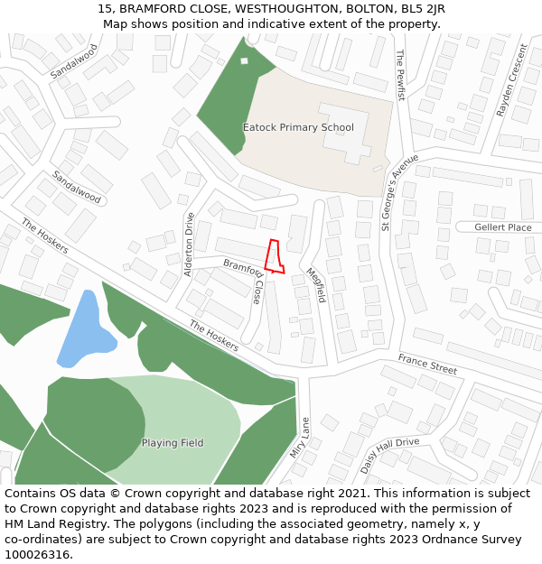 15, BRAMFORD CLOSE, WESTHOUGHTON, BOLTON, BL5 2JR: Location map and indicative extent of plot