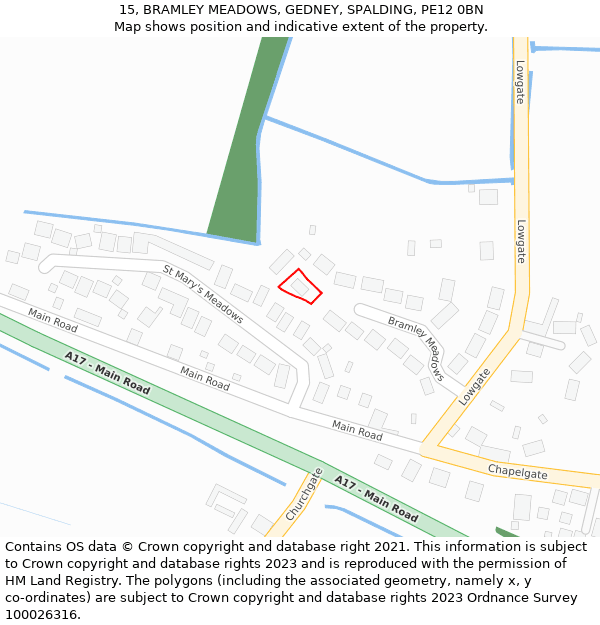 15, BRAMLEY MEADOWS, GEDNEY, SPALDING, PE12 0BN: Location map and indicative extent of plot