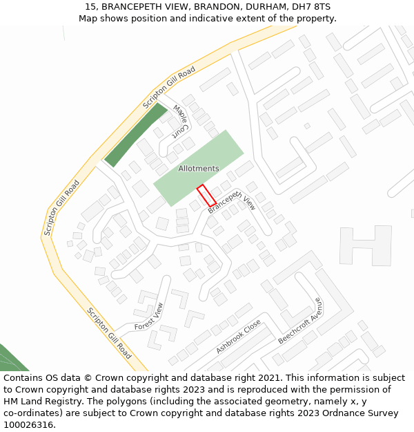 15, BRANCEPETH VIEW, BRANDON, DURHAM, DH7 8TS: Location map and indicative extent of plot