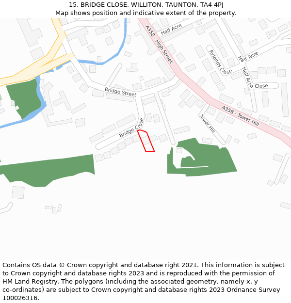 15, BRIDGE CLOSE, WILLITON, TAUNTON, TA4 4PJ: Location map and indicative extent of plot