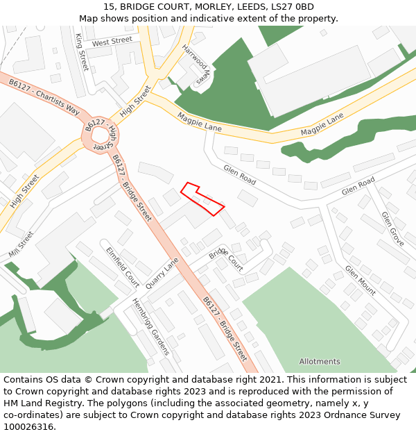 15, BRIDGE COURT, MORLEY, LEEDS, LS27 0BD: Location map and indicative extent of plot