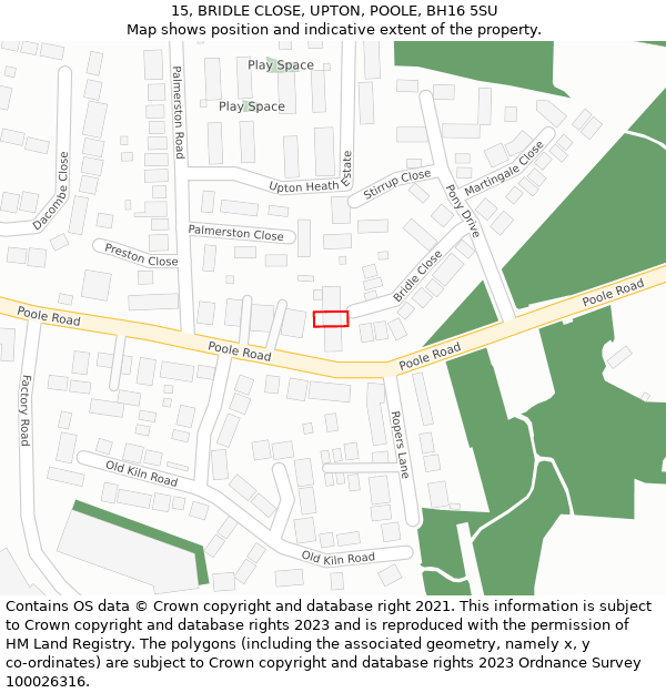 15, BRIDLE CLOSE, UPTON, POOLE, BH16 5SU: Location map and indicative extent of plot