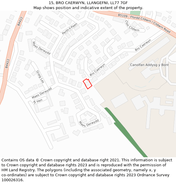 15, BRO CAERWYN, LLANGEFNI, LL77 7GF: Location map and indicative extent of plot