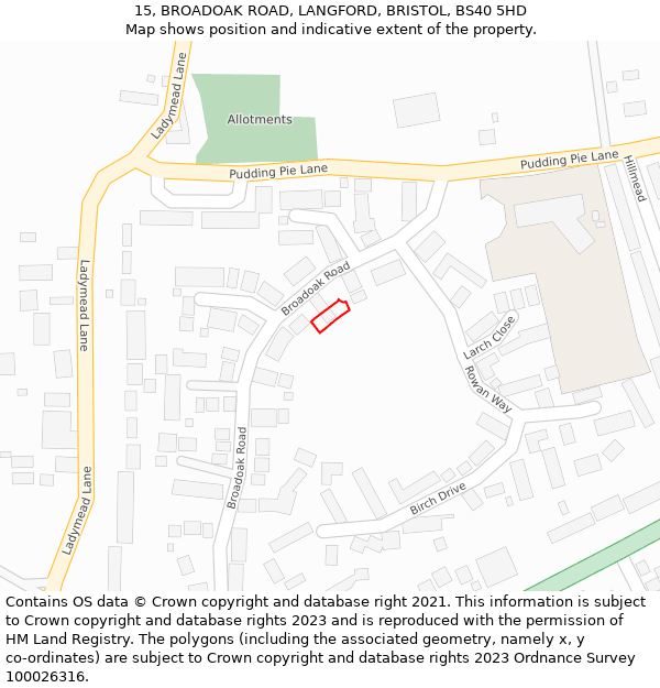 15, BROADOAK ROAD, LANGFORD, BRISTOL, BS40 5HD: Location map and indicative extent of plot