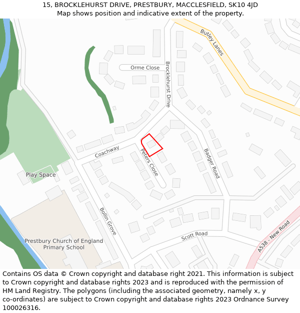 15, BROCKLEHURST DRIVE, PRESTBURY, MACCLESFIELD, SK10 4JD: Location map and indicative extent of plot
