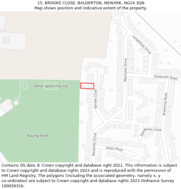 15, BROOKE CLOSE, BALDERTON, NEWARK, NG24 3QN: Location map and indicative extent of plot