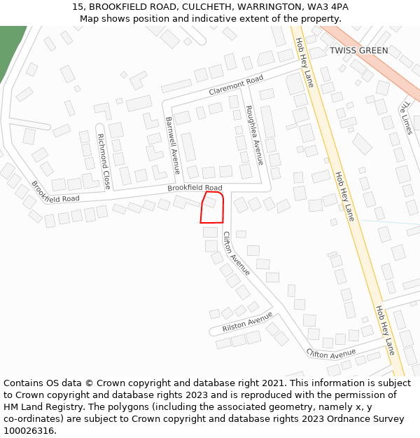 15, BROOKFIELD ROAD, CULCHETH, WARRINGTON, WA3 4PA: Location map and indicative extent of plot