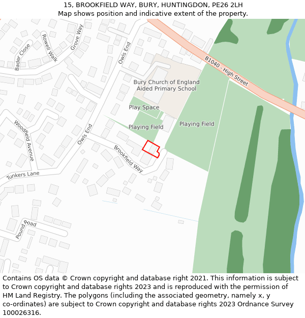 15, BROOKFIELD WAY, BURY, HUNTINGDON, PE26 2LH: Location map and indicative extent of plot