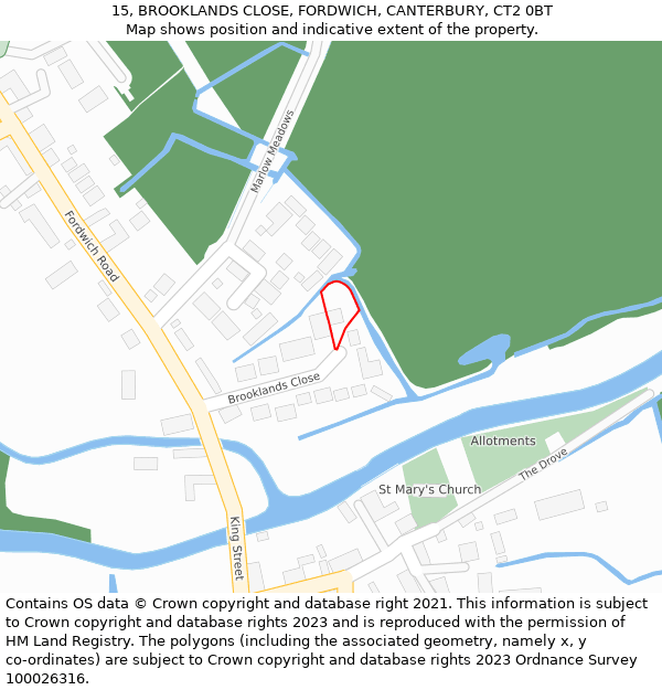 15, BROOKLANDS CLOSE, FORDWICH, CANTERBURY, CT2 0BT: Location map and indicative extent of plot