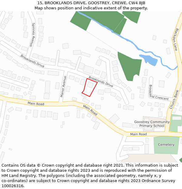 15, BROOKLANDS DRIVE, GOOSTREY, CREWE, CW4 8JB: Location map and indicative extent of plot