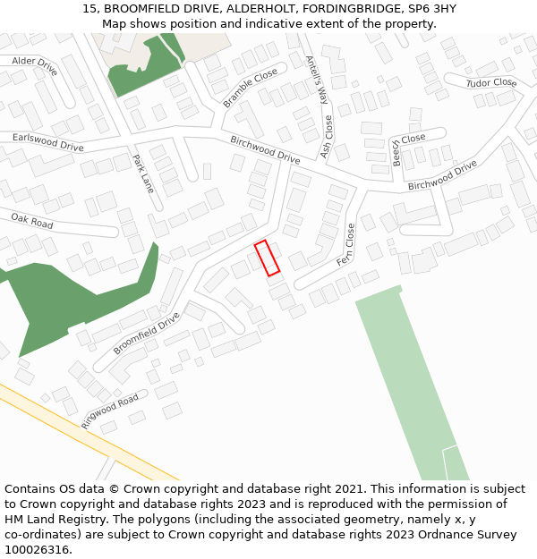 15, BROOMFIELD DRIVE, ALDERHOLT, FORDINGBRIDGE, SP6 3HY: Location map and indicative extent of plot