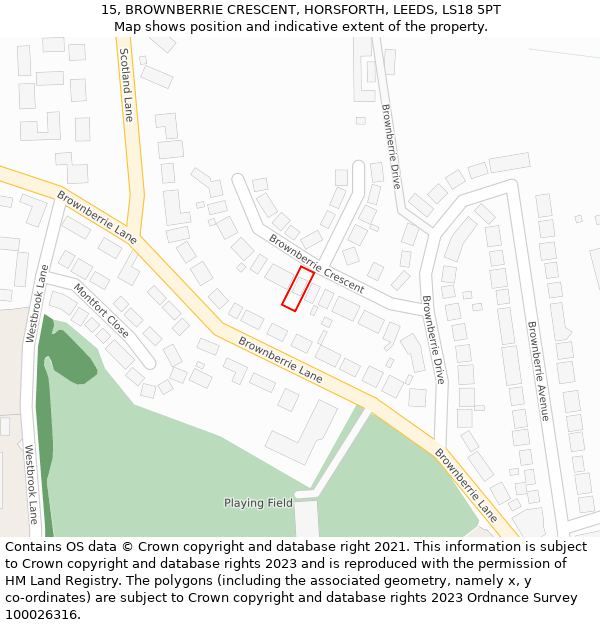 15, BROWNBERRIE CRESCENT, HORSFORTH, LEEDS, LS18 5PT: Location map and indicative extent of plot