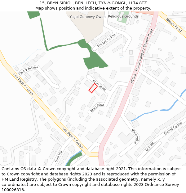 15, BRYN SIRIOL, BENLLECH, TYN-Y-GONGL, LL74 8TZ: Location map and indicative extent of plot